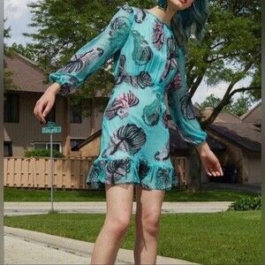 Cynthia Rowley Inverness Metallic Fish Blouson-sleeve Dress In Green Sz4